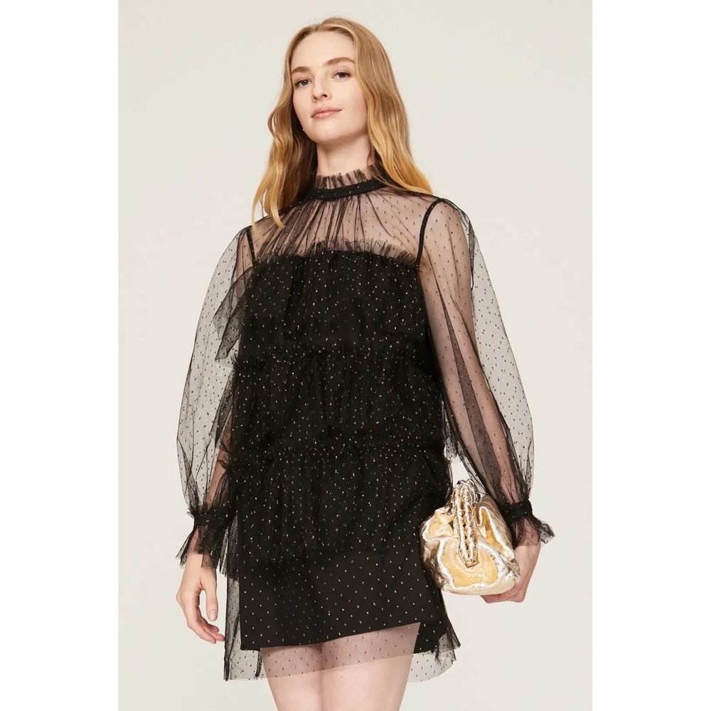 Adam Lippes Collective Black Gold Metallic Dot Tiered Tulle Mini Dress Size 8